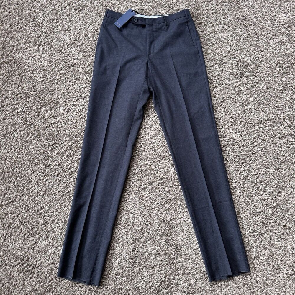 *Read* Zanella Paul Mens 32 Grey Gingham Pleated Wool Dress Pants 32x37 Unhemmed